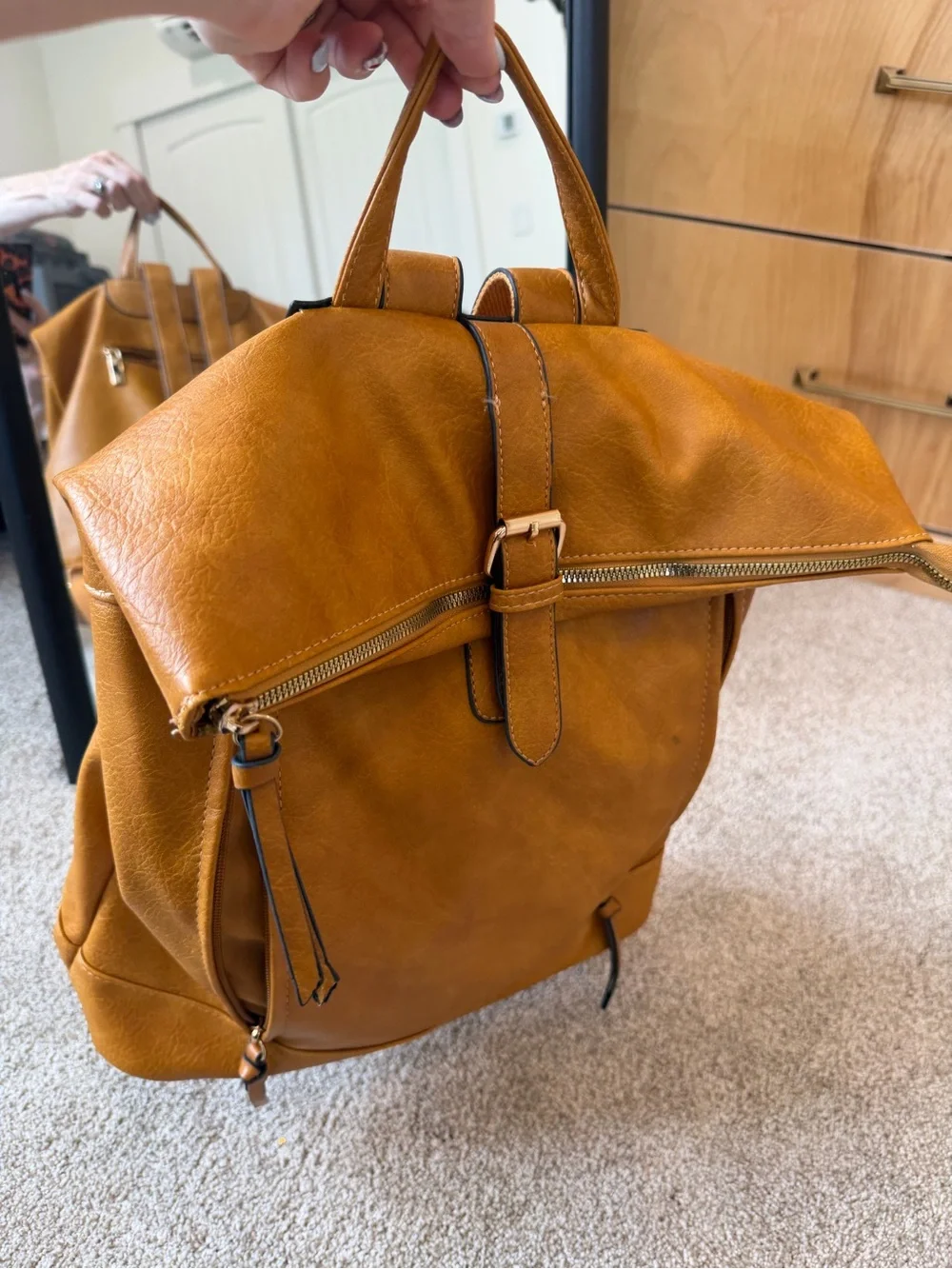 Camel Faux Leather Fold-Over Backpack/ Convertible Laptop Travel Bag.